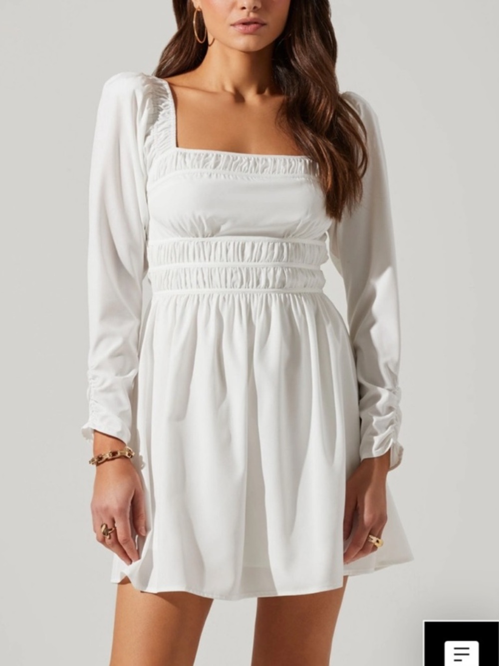 ASTR Cinched Waist Smoked Trim Square Neck White Mini‎ Dress M Cottage Peasant